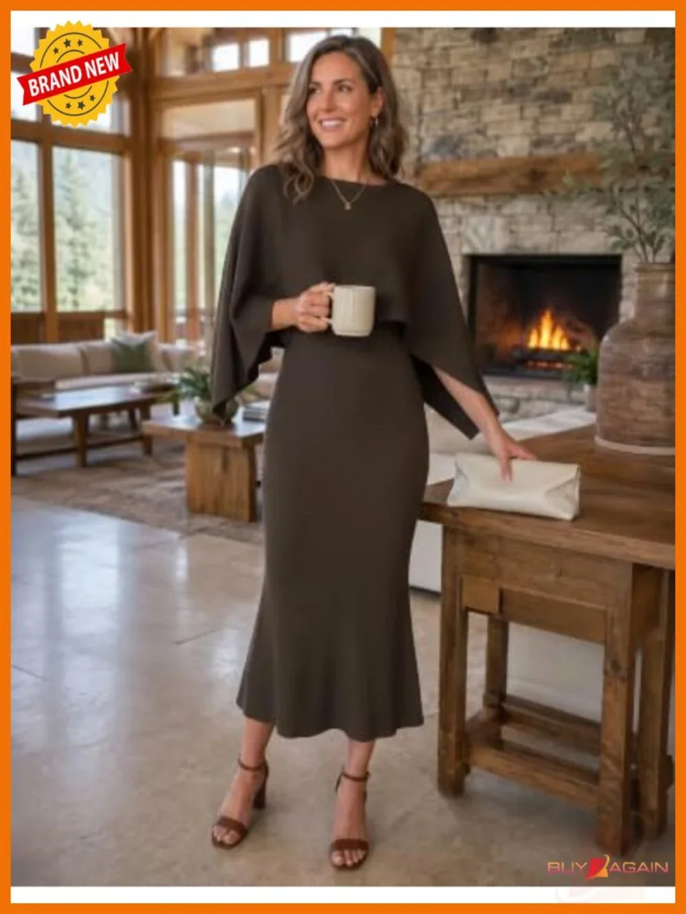 2 Piece Knit Sweater Dress & Poncho Cape Set Bodycon Midi Fall Winter Outfit